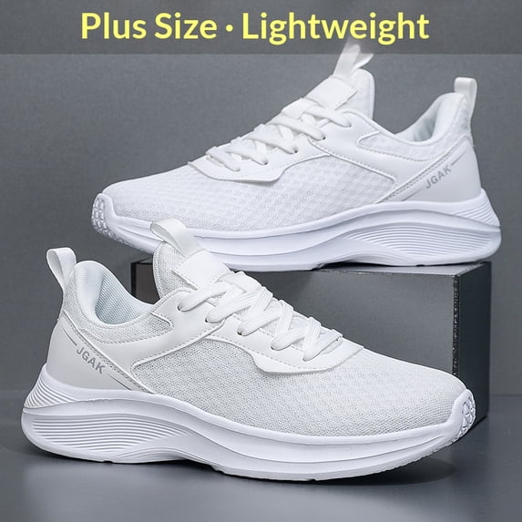 Men's Light White Fine Knit Lace Up Running Sneakers, Breathable Lightweight Cushioned Non-Slip Commuting Walking Shoes, Wide Toe Gym Travel Casual Footwear