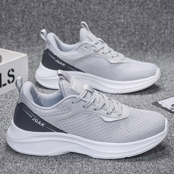 Men's Light White Fine Knit Lace Up Running Sneakers, Breathable Lightweight Cushioned Non-Slip Commuting Walking Shoes, Wide Toe Gym Travel Casual Footwear