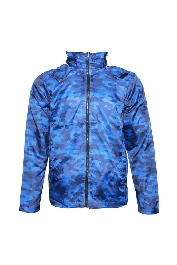 Men's Light Windbreaker Jacket Raincoat Zip Up Polyester Hoodie Camo Blue L
