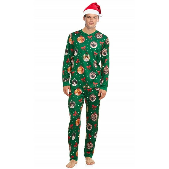 DEC 25TH Men's Lighted Cat Ugly Christmas Sweater Union Suit Pajamas With Santa Hat, Green