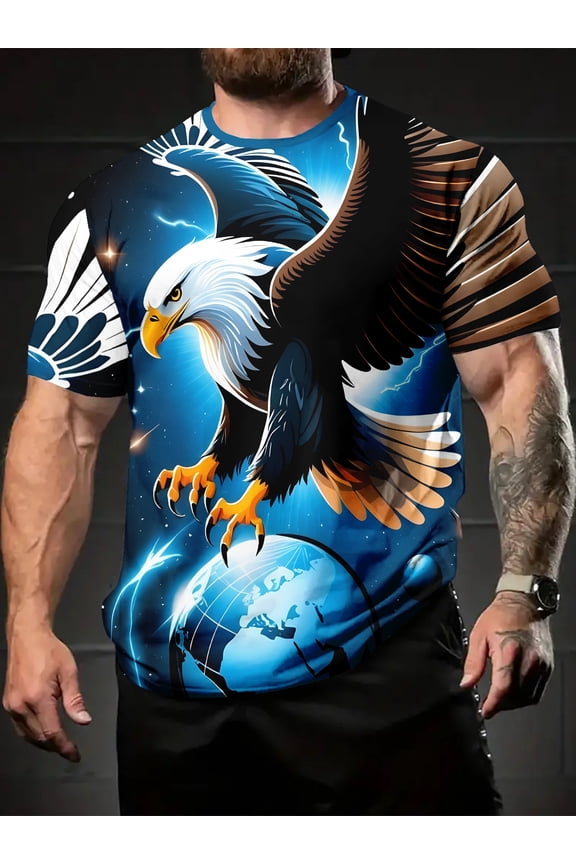 Men's Lightning Eagle Global Domineering Pattern T-Shirt - Bold Eagle and Lightning Print, Vibrant Blue and Black Contrast, Regular Fit Short Sleeve Casual Summer T-Shirt Suitable for Casual Wear