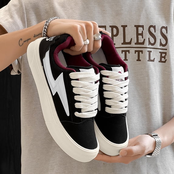 Men's Lightning Pattern Platform Canvas Shoes Non Slip Thick Sole Lace Up Retro Street Casual Walking Sneakers