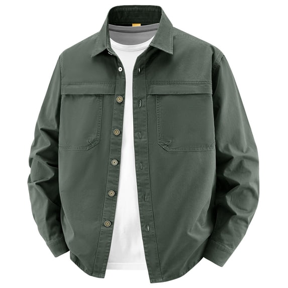 Men's Lightweight 100% Cotton Work Button Down Shirts, Collared Dual Chest Pockets Breathable Long Sleeve Casual Outdoor Fishing Shacket Tops for Spring Summer Size 5XL Army Green