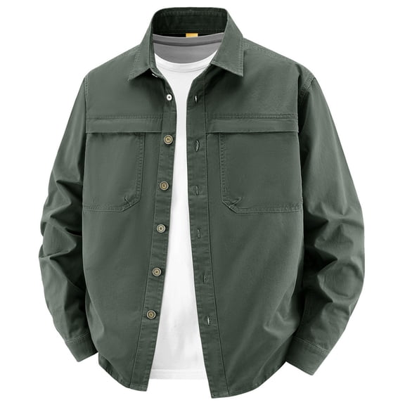 Men's Lightweight 100% Cotton Work Button Down Shirts, Collared Dual Chest Pockets Breathable Long Sleeve Casual Outdoor Fishing Shacket Tops for Spring Summer Size 5XL Army Green