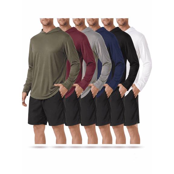 Men's Lightweight Athletic Hoodie, Long Sleeve Performance Shirt for Running & Gym, Moisture Wicking Activewear (6-Pack)