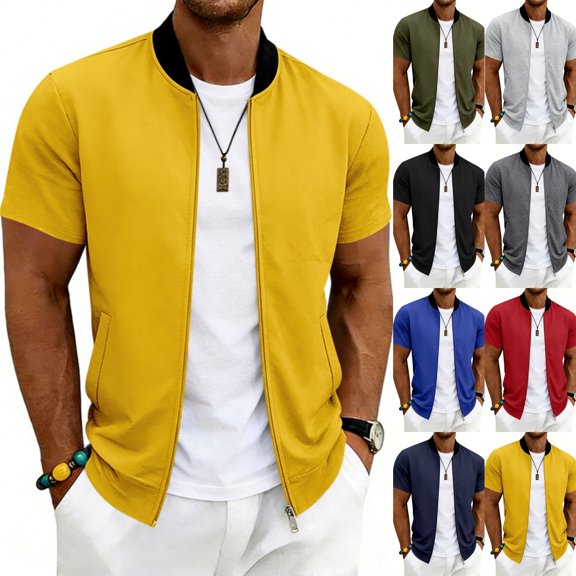Men's Lightweight Athletic Jackets Short Sleeve Zip Up Stand Collar Baseball Varsity Coat Sporty Outerwear for Gym Casual Daily Wear,L,Yellow