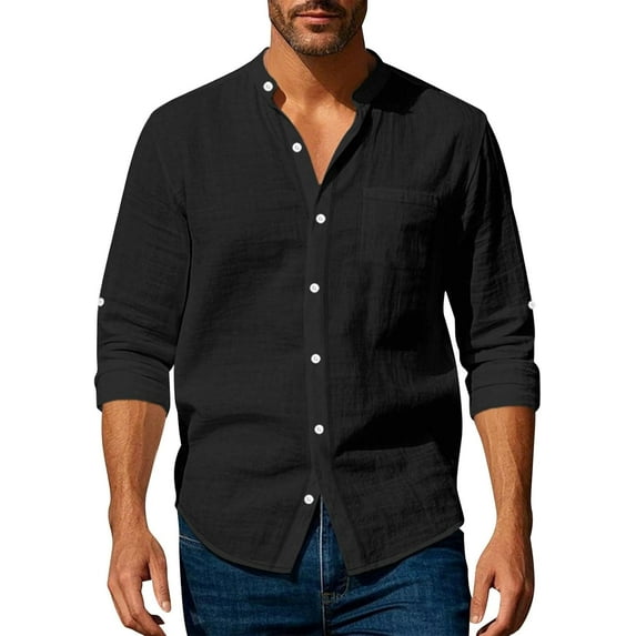 Men's Lightweight Beach Shirt Long Sleeve Collarless Button Up Top Cotton Linen Blend Casual Shirt for Summer Travel