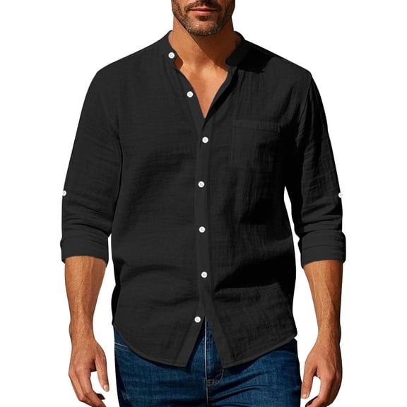 Men's Lightweight Beach Shirt Long Sleeve Collarless Button Up Top Cotton Linen Blend Casual Shirt for Summer Travel