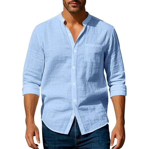 Men's Lightweight Beach Shirt Long Sleeve Collarless Button Up Top Cotton Linen Blend Casual Shirt for Summer Travel