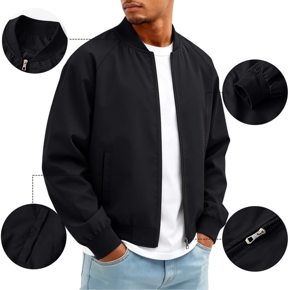 Men's Lightweight Bomber Jacket Classic Baseball Collar Raglan Sleeve Zip Up Stylish Fashion Windbreaker Coat Black 2XL