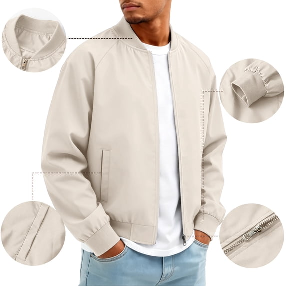 Men's Lightweight Bomber Jacket Classic Baseball Collar Raglan Sleeve Zip Up Stylish Fashion Windbreaker Coat Khaki M