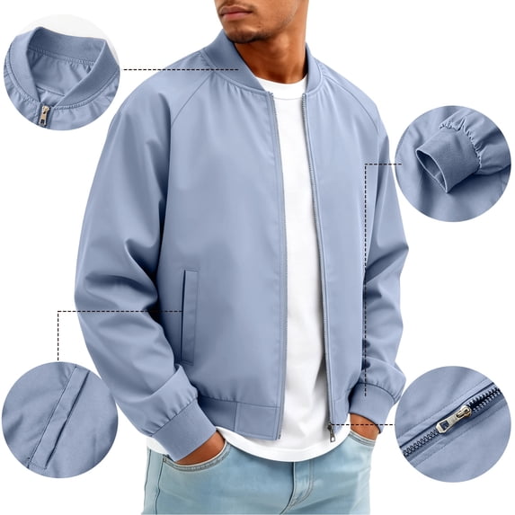 Men's Lightweight Bomber Jacket Classic Baseball Collar Raglan Sleeve Zip Up Stylish Fashion Windbreaker Coat Light Blue 5XL