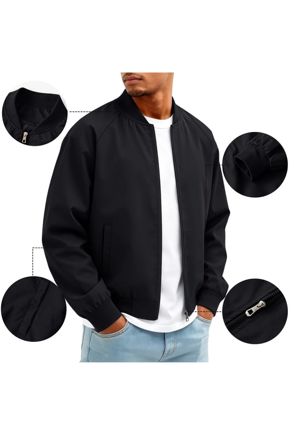 Men's Lightweight Bomber Jacket Classic Baseball Collar Winter Zip Up Windbreaker Coat Raglan Sleeve Wear Black L