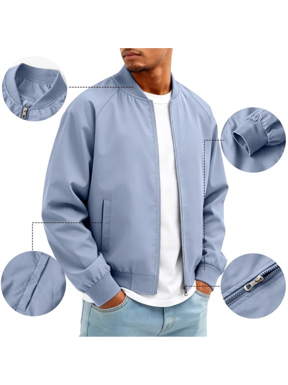 Men's Lightweight Bomber Jacket Classic Baseball Collar Winter Zip Up Windbreaker Coat Raglan Sleeve Wear Light Blue 4XL