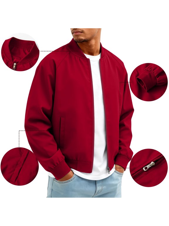 Men's Lightweight Bomber Jacket Classic Baseball Collar Winter Zip Up Windbreaker Coat Raglan Sleeve Wear Wine 2XL