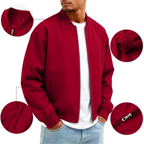 Men's Lightweight Bomber Jacket Classic Baseball Collar Winter Zip Up Windbreaker Coat Raglan Sleeve Wear Wine 4XL