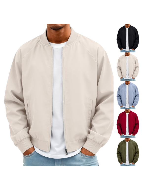 Men's Lightweight Bomber Jacket Classic Baseball Collar Winter Zip Up Windbreaker Coat Raglan Sleeve Wear