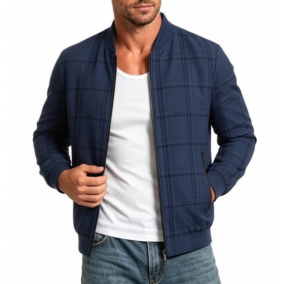 Men's Lightweight Bomber Jacket Plaid Causal Fashion Stylish Windbreaker Light Jacket with Zipper Pocket Size 4XL Dark Blue-C