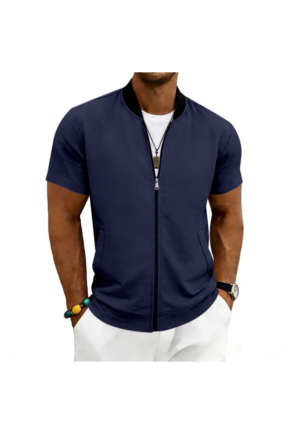 Men's Lightweight Bomber Jacket Stand Collar Sports Short Sleeve Flight Baseball Jacket Zip-Up Athletic Windbreaker Outerwear