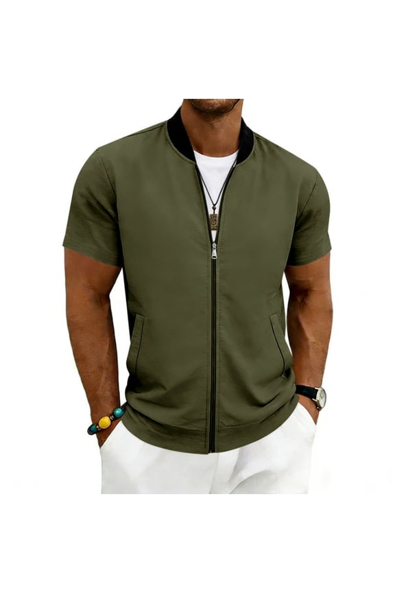 Men's Lightweight Bomber Jacket Stand Collar Sports Short Sleeve Flight Baseball Jacket Zip-Up Athletic Windbreaker Outerwear