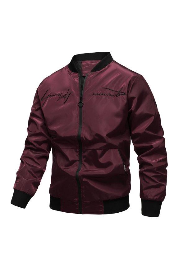 Men's Lightweight Bomber Jacket, Windproof Satin Fabric, Stylish Casual Outerwear, Burgundy, Size S-XXL