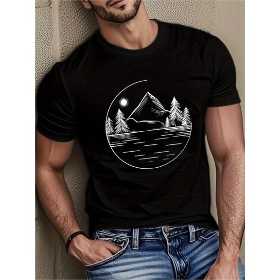 Men's Lightweight Breathable Outdoor Adventure T-Shirt - Relaxed Fit Mountain Landscape Graphic Tee (Mint Green/Black/) | All-Season Travel & Everyday Shirt | Machine Washable Cotton Top for Hiking
