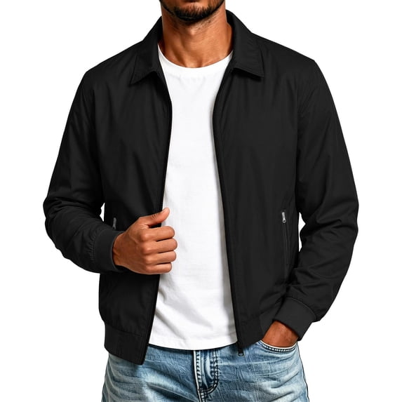Men's Lightweight Casual Jacket Zip Up Jacket with Ribbed Cuffs and Collar, Long Sleeve Harrington Jacket with Zipper Pockets for Spring Fall Everyday Wear