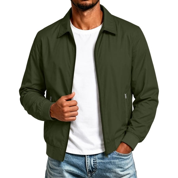 Men's Lightweight Casual Jacket Zip Up Jacket with Ribbed Cuffs and Collar, Long Sleeve Harrington Jacket with Zipper Pockets for Spring Fall Everyday Wear