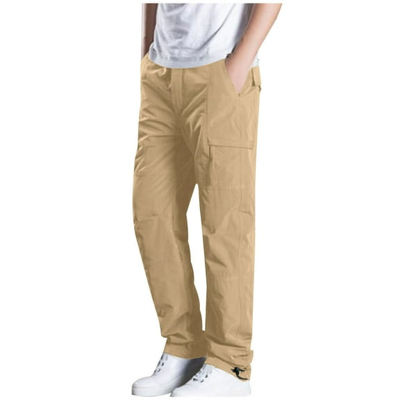 Men's Lightweight Casual Pants Elastic Waist Pull On Work Solid Color Casual Button Pockets Long Pants Khaki