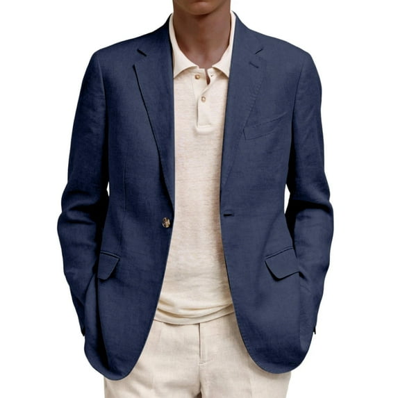 Men's Lightweight Casual Solid Color Notch Lapel Single-Button Blazer, Navy Blue, Size L