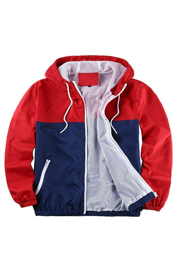 Men's Lightweight Color Block Jacket Mesh Lined Breathable Windbreaker Full Zip Casual Hooded Coat