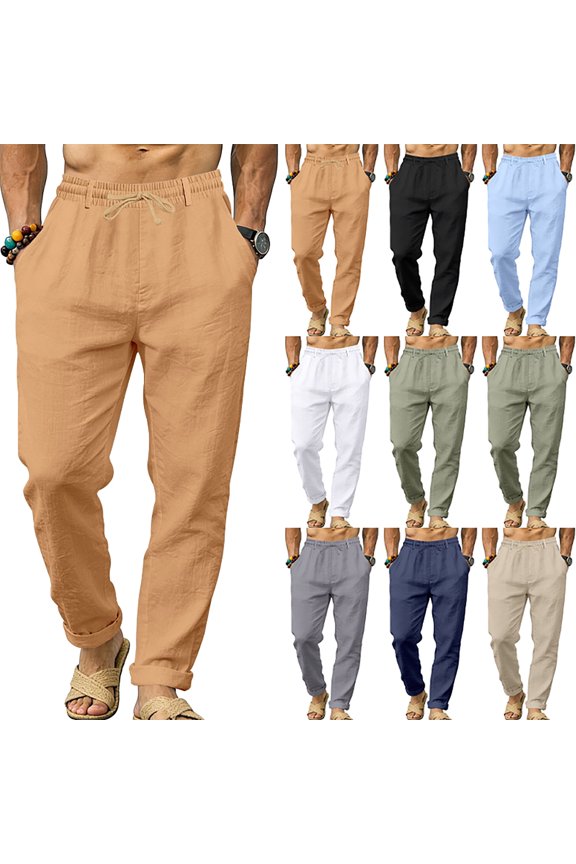 Men's Lightweight Cotton Lounge Pants Casual Elastic Waist Drawstring Muslim Trousers Summer Yoga Kurta Pants with Pockets Dark Gray S