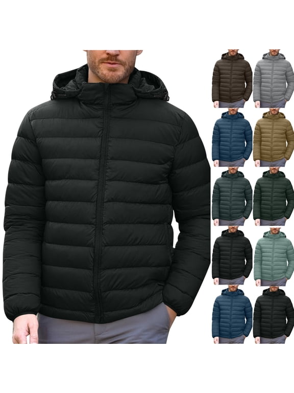 Men's Lightweight Down Jacket with Adjustable Hood Warm Windproof Windbreaker Puffer Coat with Pockets Winter (2XL, Black)