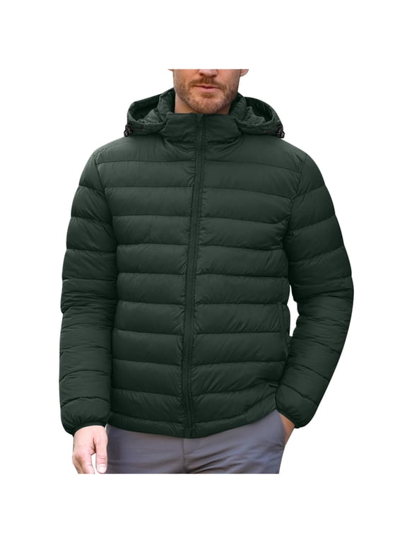 Men's Lightweight Down Jacket with Adjustable Hood Warm Windproof Windbreaker Puffer Coat with Pockets Winter (XL, Army Green)