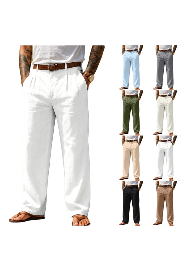 Men's Lightweight Dress Pants Cotton Linen Casual Summer Beach Wedding Trousers Event Slacks Occasion Bottoms, White L