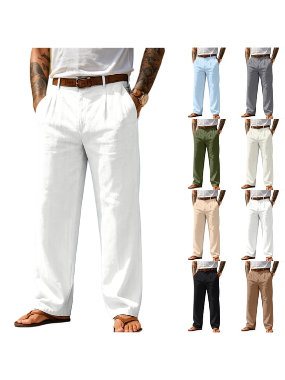 Men's Lightweight Dress Pants Cotton Linen Casual Summer Beach Wedding Trousers Event Slacks Occasion Bottoms, White L