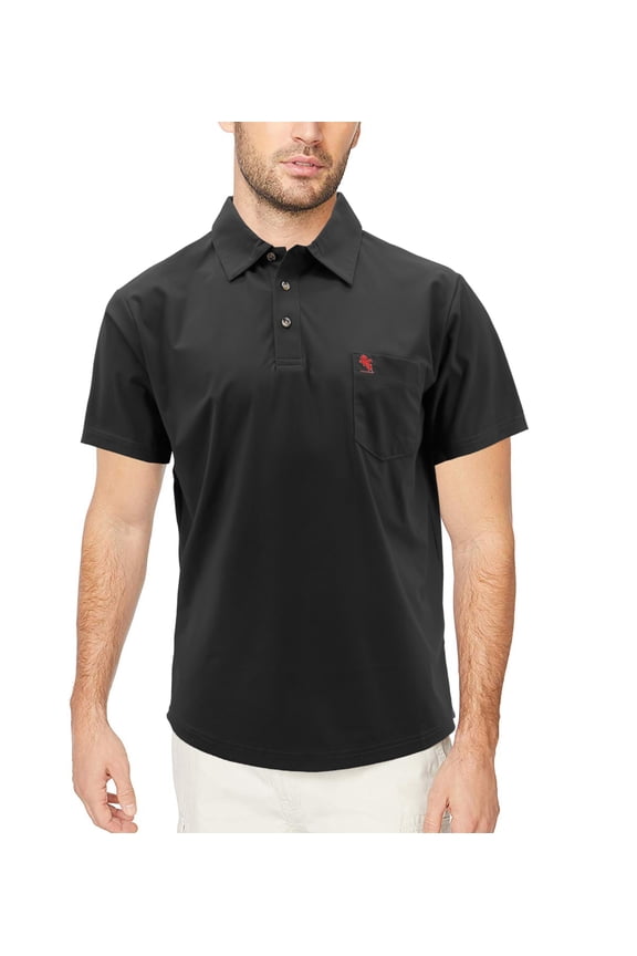 Men's Lightweight Elastic Nylon Blend Short Sleeve Embroidered Logo Polo Shirt (KC 1205 Black L)