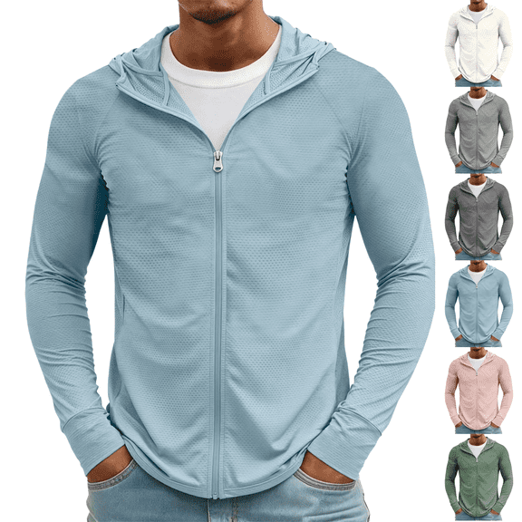 Men's Lightweight Full Zip Hoodie Jacket UPF 50+ Sun Protection Long Sleeve Fishing Hiking Performance Shirt for Outdoor Activities Blue 2XL