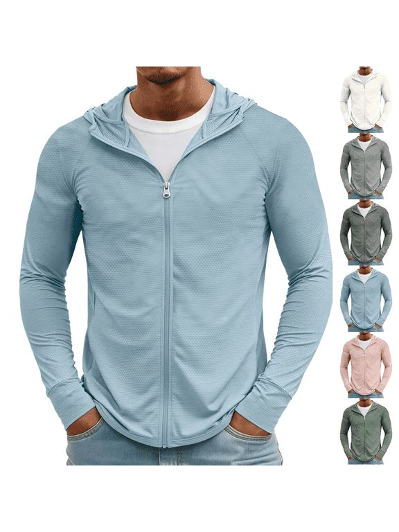 Men's Lightweight Full Zip Hoodie Jacket UPF 50+ Sun Protection Long Sleeve Fishing Hiking Performance Shirt for Outdoor Activities Blue 2XL
