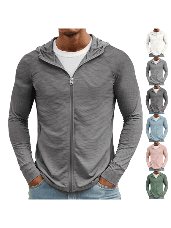 Men's Lightweight Full Zip Hoodie Jacket UPF 50+ Sun Protection Long Sleeve Fishing Hiking Performance Shirt for Outdoor Activities Dark Gray M