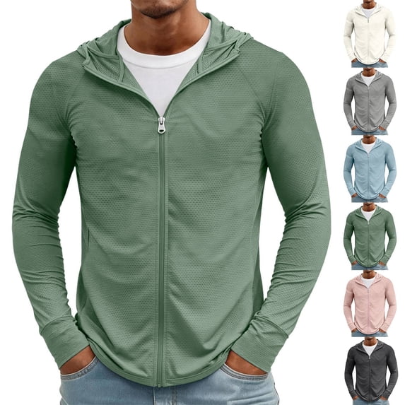 Men's Lightweight Full Zip Hoodie Jacket UPF 50+ Sun Protection Long Sleeve Fishing Hiking Performance Shirt for Outdoor Activities Green L