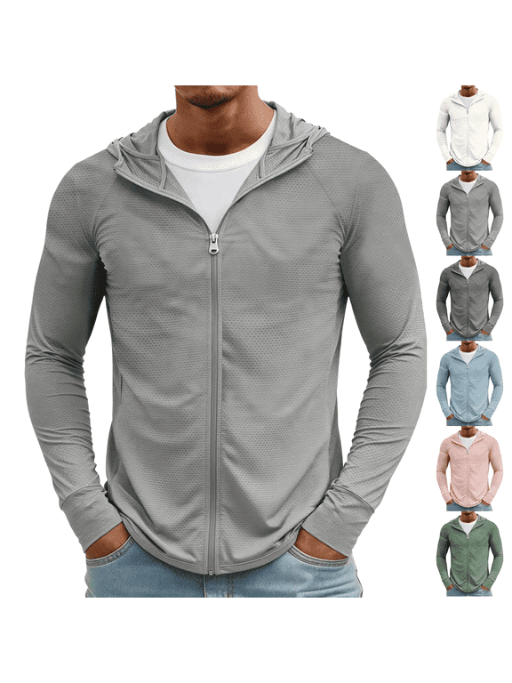 Men's Lightweight Full Zip Hoodie Jacket UPF 50+ Sun Protection Long Sleeve Fishing Hiking Performance Shirt for Outdoor Activities Light Gray XL
