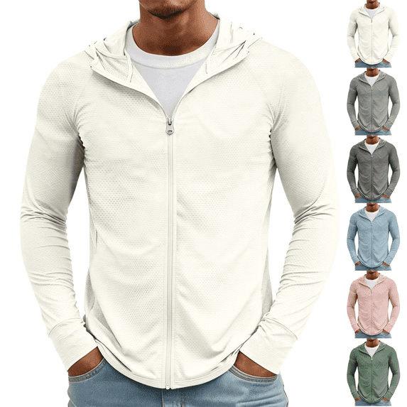 Men's Lightweight Full Zip Hoodie Jacket UPF 50+ Sun Protection Long Sleeve Fishing Hiking Performance Shirt for Outdoor Activities White L