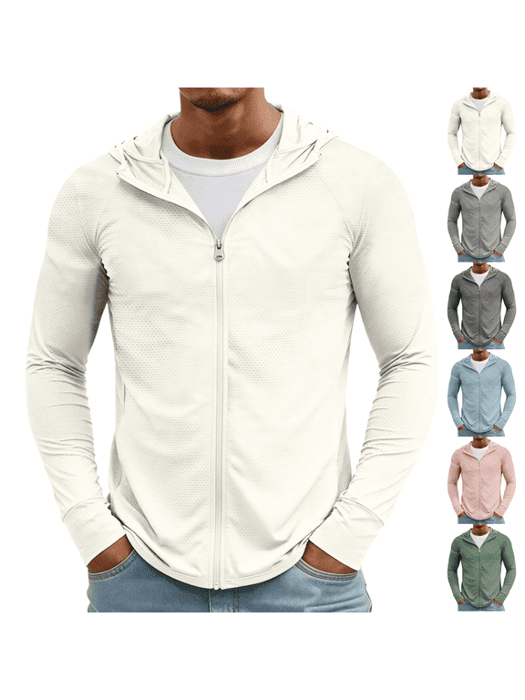 Men's Lightweight Full Zip Hoodie Jacket UPF 50+ Sun Protection Long Sleeve Fishing Hiking Performance Shirt for Outdoor Activities White S