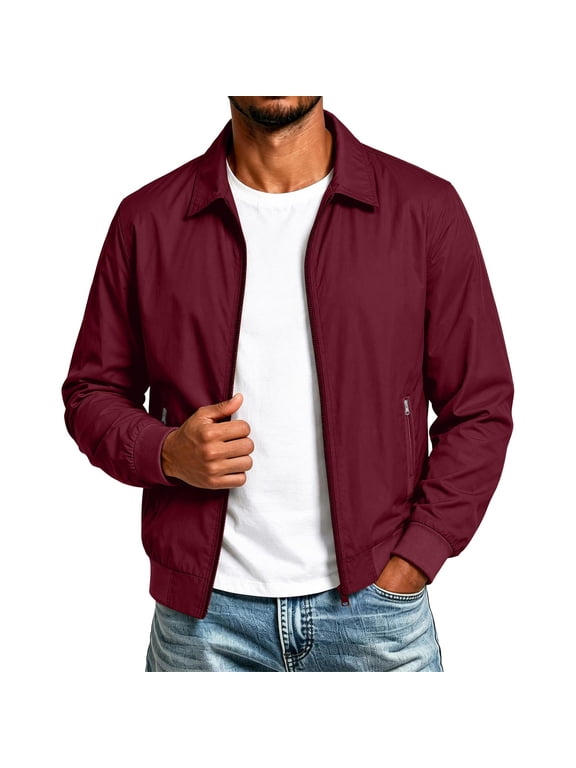 Men's Lightweight Full Zip Jacket Lapel Collared Long Sleeve Outwear with Zipper Pockets, Regular Fitting Casual Windbreaker for Daily Business Outdoor Wear Red 3XL
