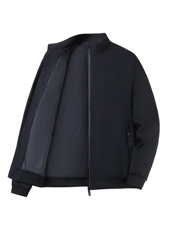 Men's Lightweight Full-zip Jacket without Hood Solid Color Lightweight Bomber Trucker Coat with Zipper Pockets (4XL, Black)
