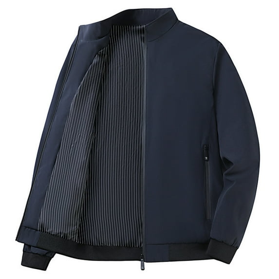 Men's Lightweight Full-zip Jacket without Hood Solid Color Lightweight Bomber Trucker Coat with Zipper Pockets (XL, Navy)