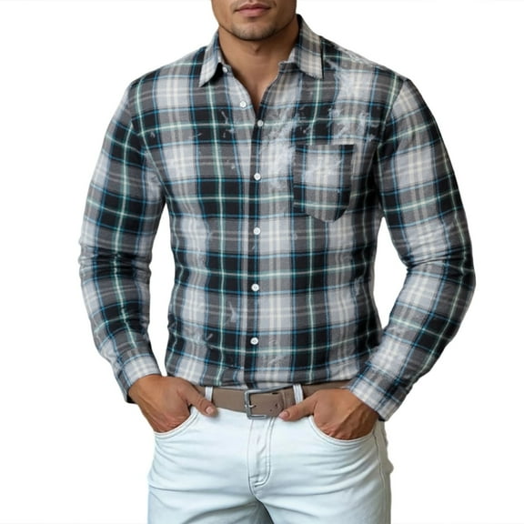 Men's Lightweight Gingham Dress Shirt Casual Business Slim Fit Long Sleeve Button Down Shirts with Pocket Cotton Blend Dress Shirts Regular Fit Gingham Shirts (Black-6, XL)