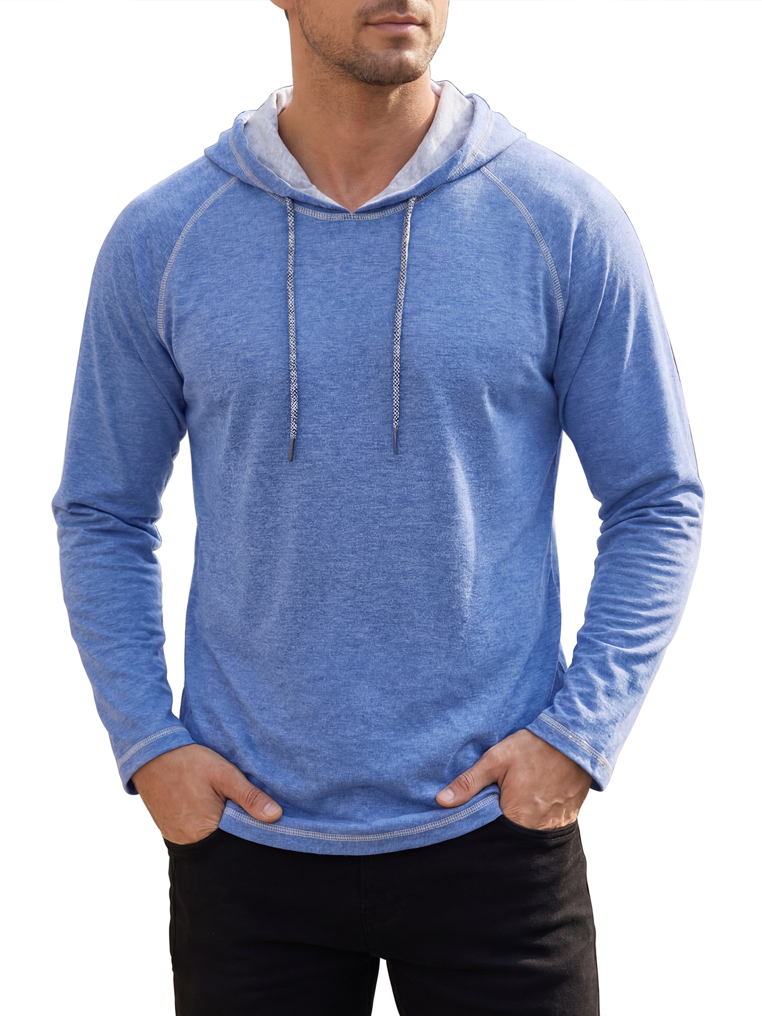 INSPIRE CHIC Men's Hooded Shirt Contrast Stitch Drawstring Long Sleeve Pullover Top L Blue