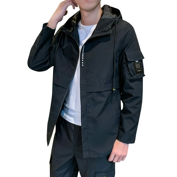 Men's Lightweight Hooded Casual Jacket Long Sleeve Outdoor Windbreaker Coat with Zipper Pockets for Autumn Winter